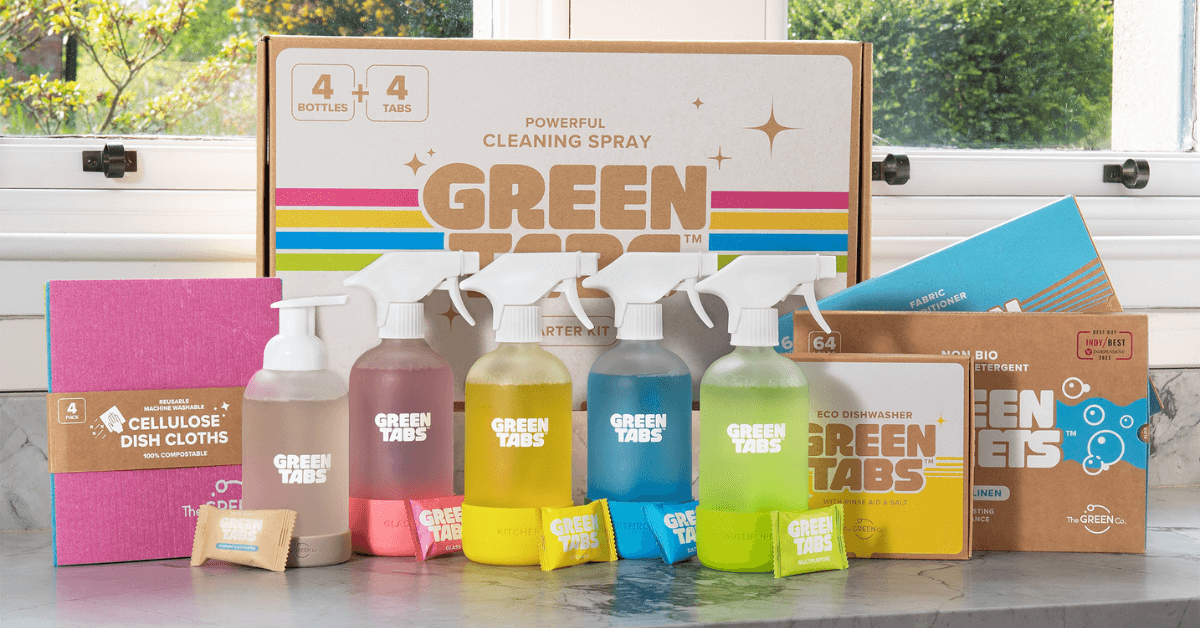 the green co eco friendly cleaning products sitting in group on kitchen counter