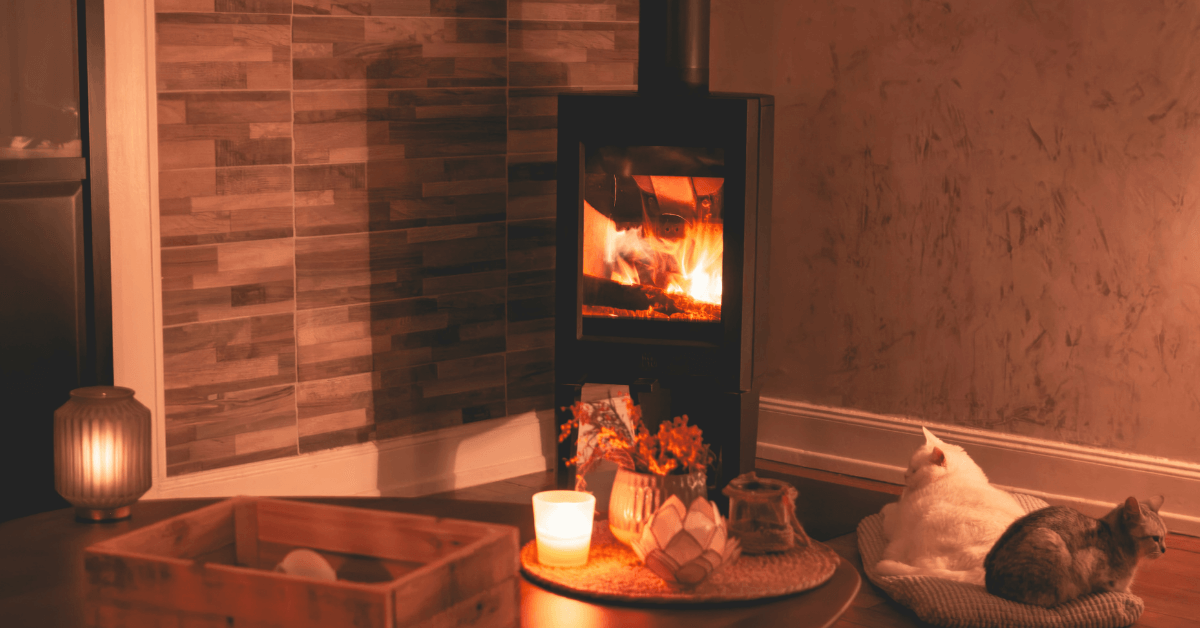wood burner with glass in cosy room