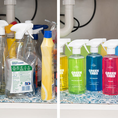 split screen image showing single use plastic bottles vs refillablebeing thrown away vs greentabs refillable bottles