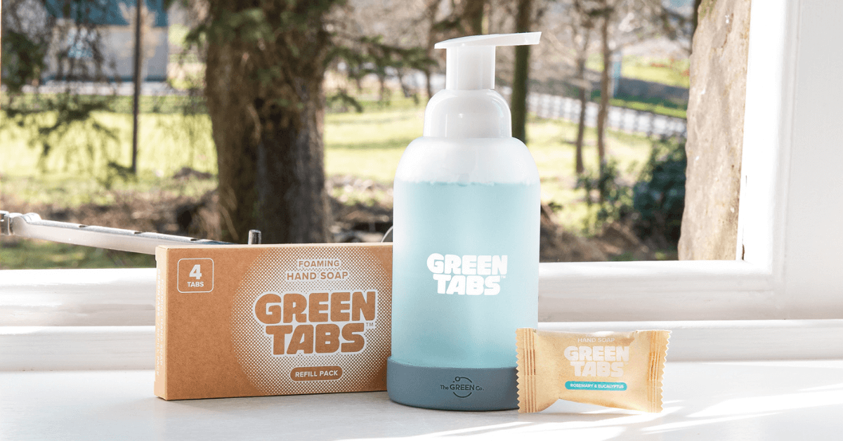 glass hand soap with refillable tablets to reduce waste in home