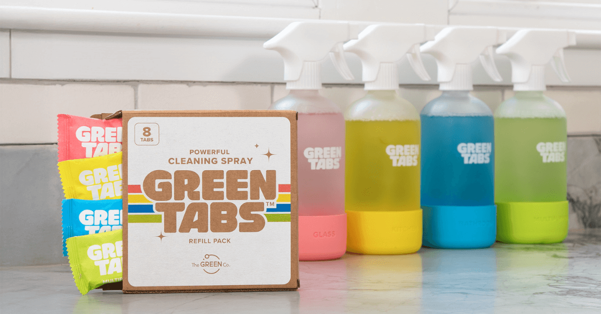 refill pack of eco cleaning tablets with glass forever bottles sitting on counter