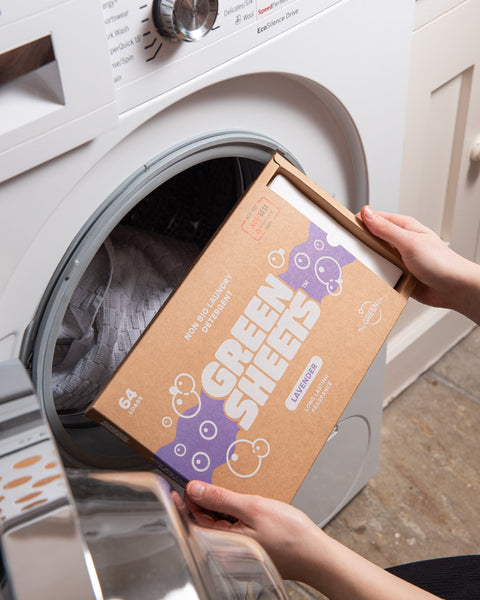 lavender laundry sheets uk 64 load pack being opened in front of a white washing machine